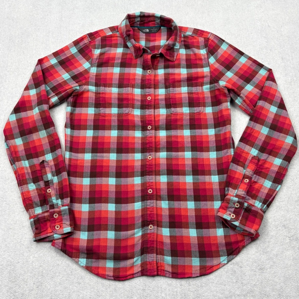 The North Face Shirt Womens Small Red Turquoise Plaid 100% Cotton Flannel CX93